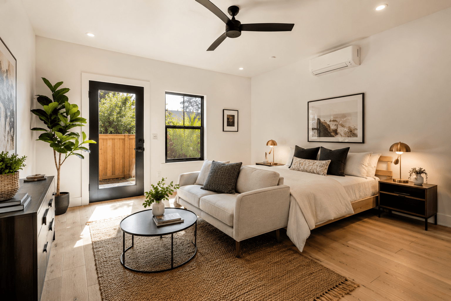 Completed bedroom — ceiling fan, black windows, light wood floors