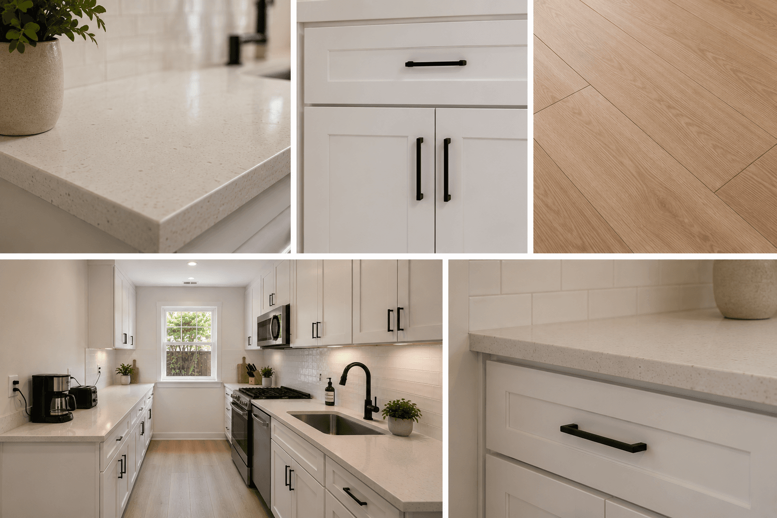Kitchen detail — countertop, cabinetry, and flooring closeups