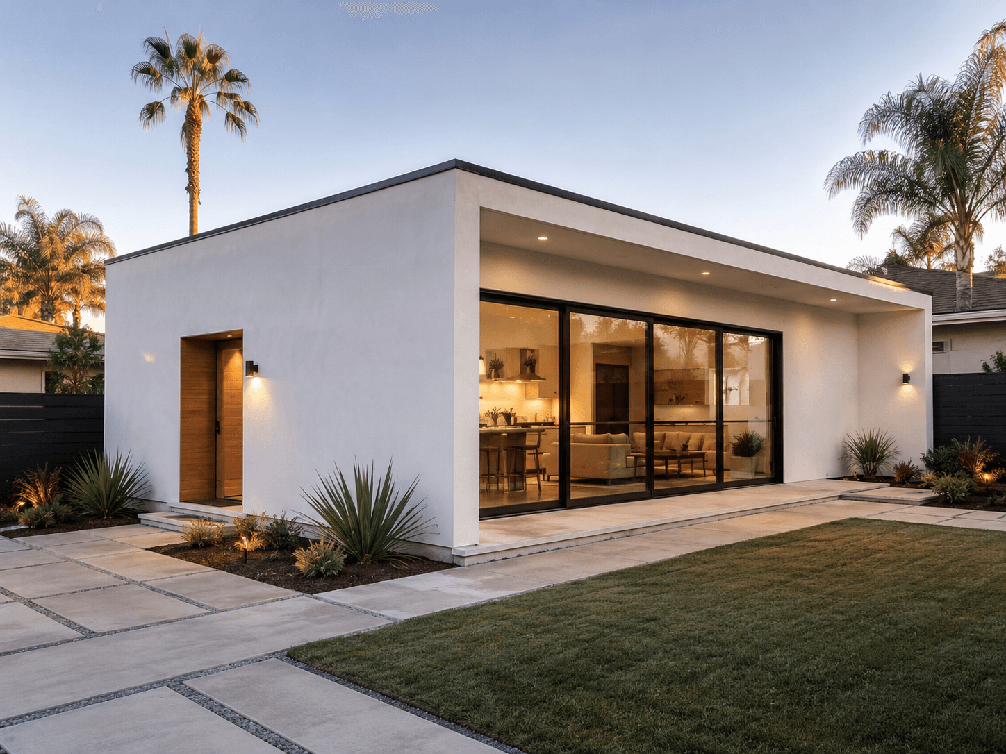 Completed detached ADU — modern flat-roof with glass sliders at dusk