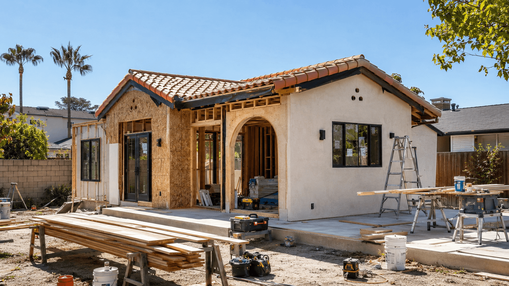 Spanish tile roof · Arched entry