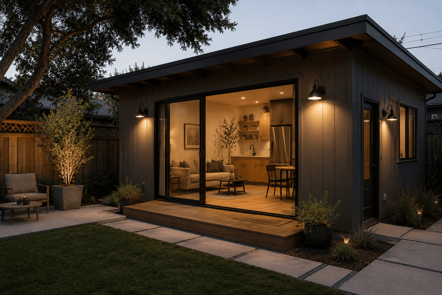 Completed detached ADU — board-and-batten exterior at night