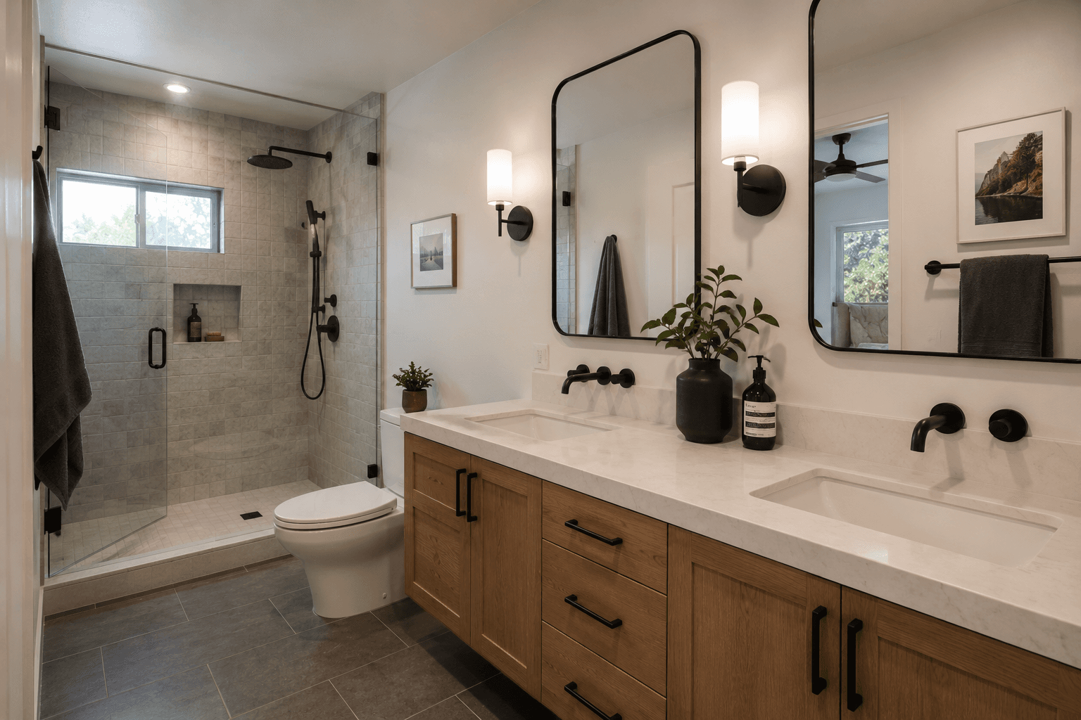 Completed bathroom — double vanity with walk-in shower