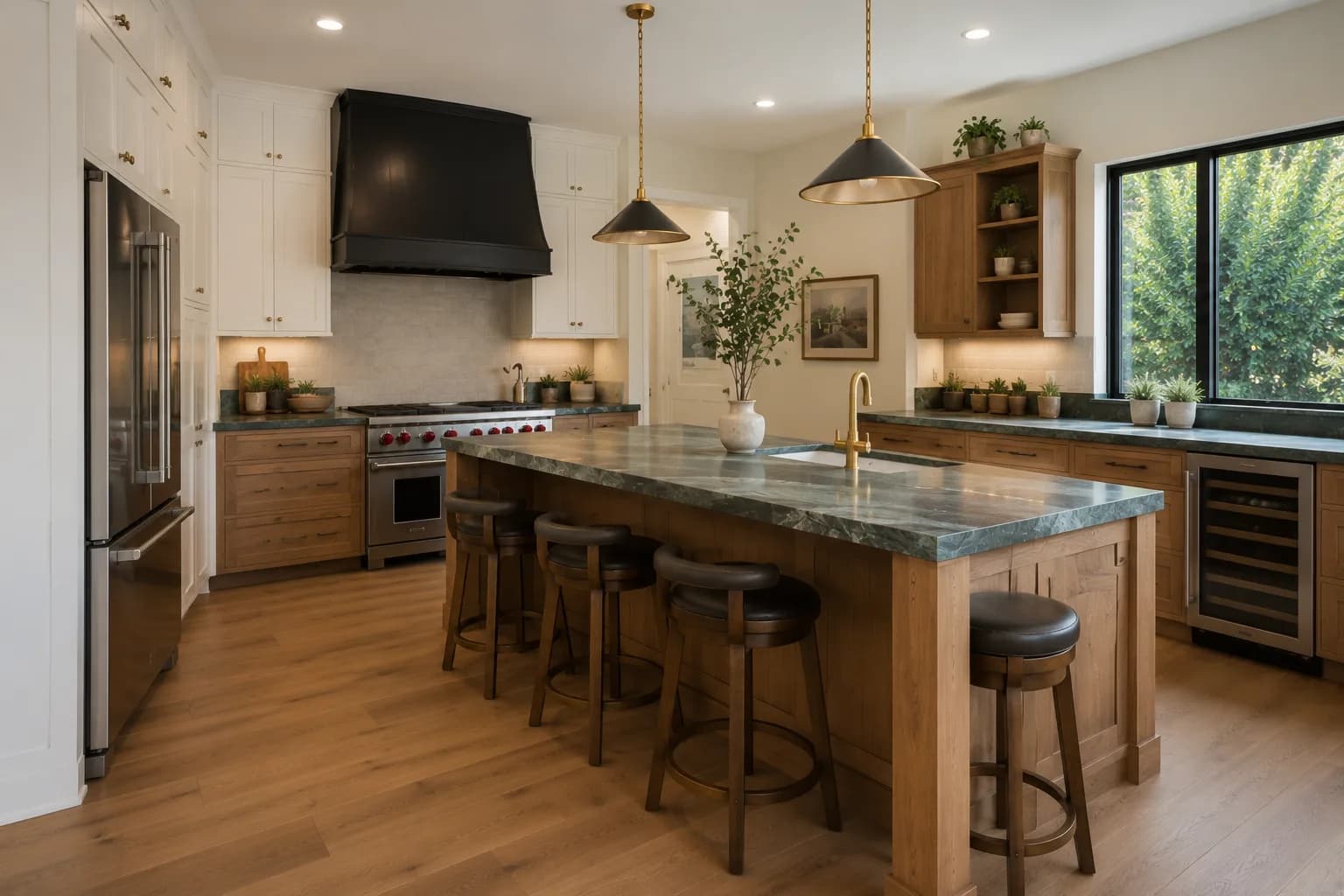 Completed kitchen remodel — large island with marble top and gold pendants