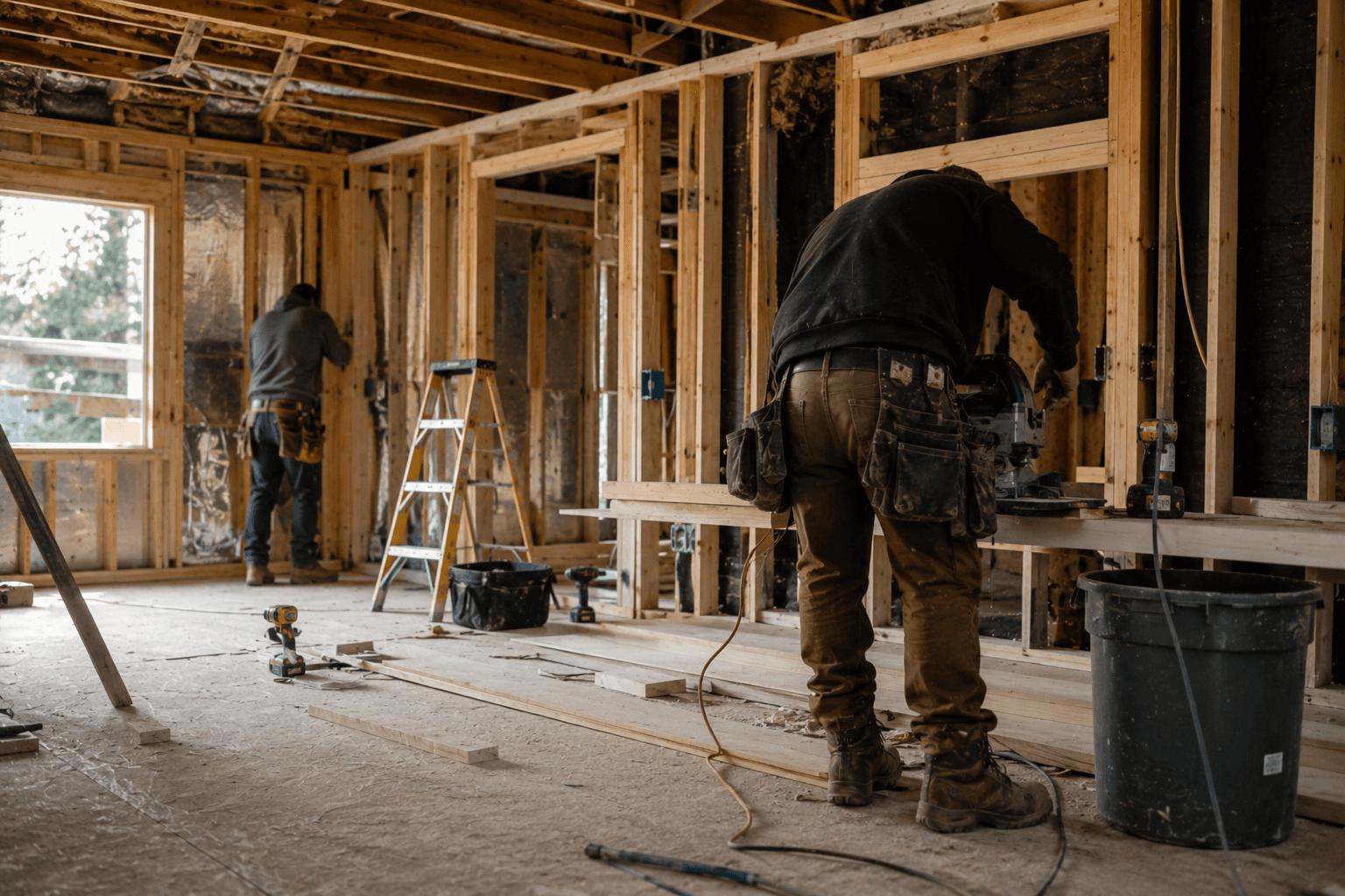 Two workers doing interior framing