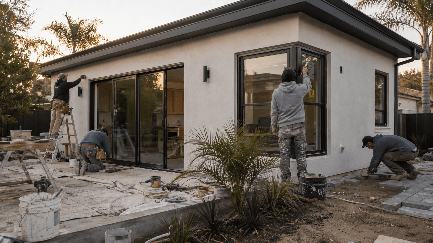 ADU nearing completion — crew finishing exterior stucco and landscaping