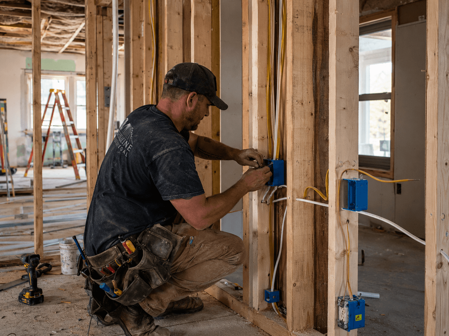 Electrician running wires in framed wall