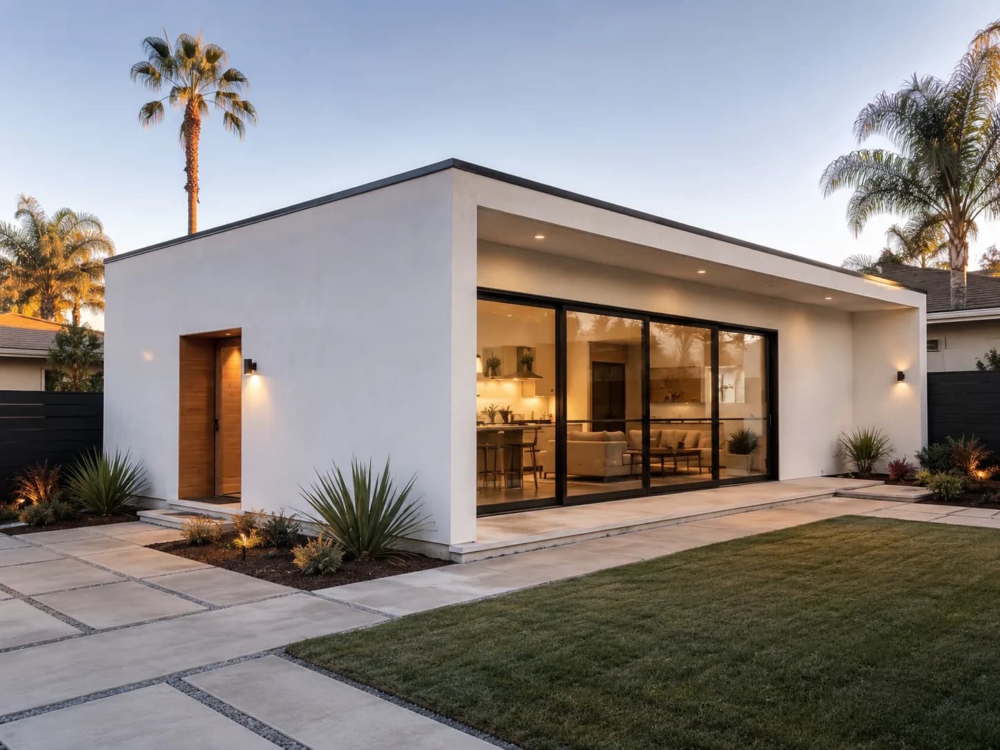 Completed detached ADU — modern flat-roof with glass sliders
