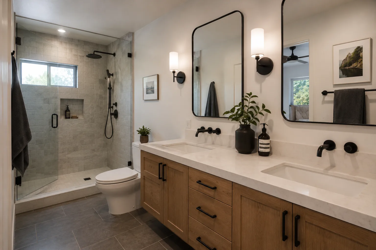 Completed bathroom remodel — double vanity with walk-in shower