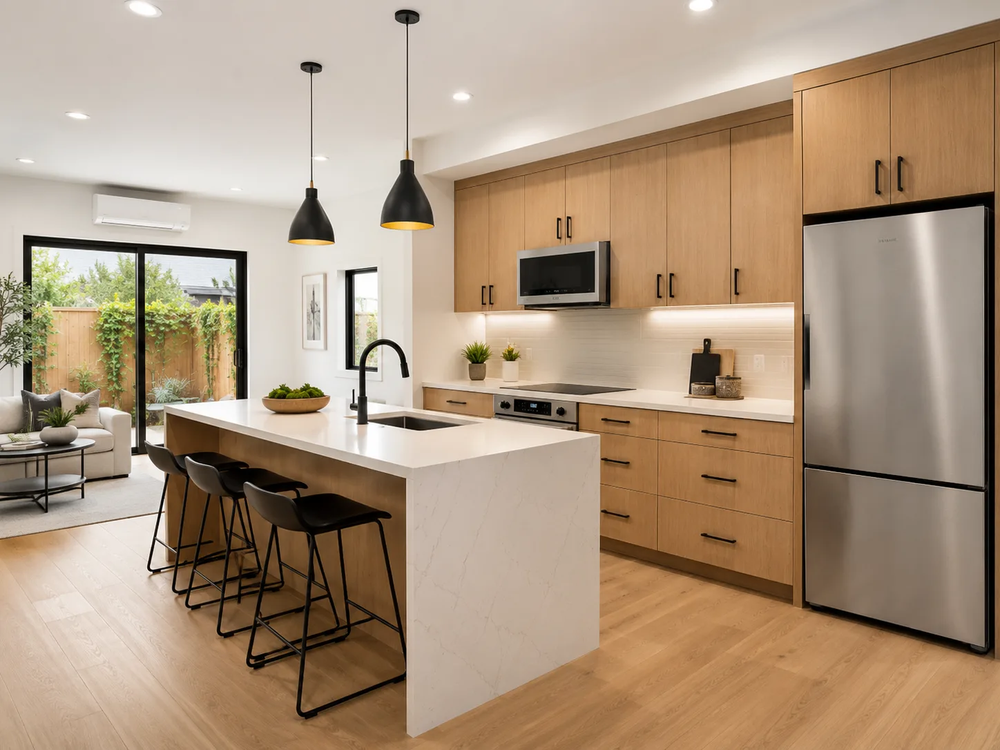 Completed kitchen remodel — modern wood cabinetry with island
