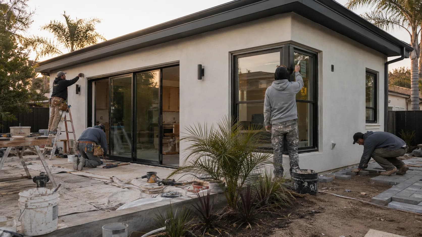 ADU nearing completion — crew finishing exterior stucco and landscaping